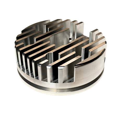 Metallic cooling fin design on a white background