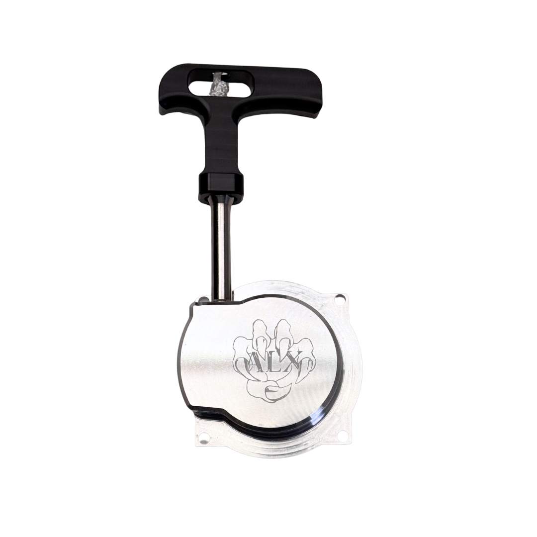 Black and silver pull start with a logo on a white background