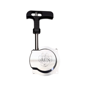 Black and silver pull start with a logo on a white background