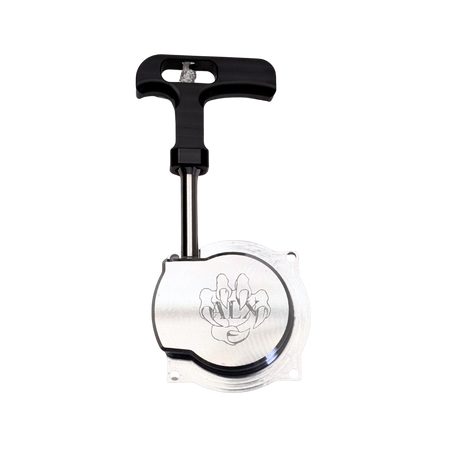 Black and silver pull start with a logo on a white background