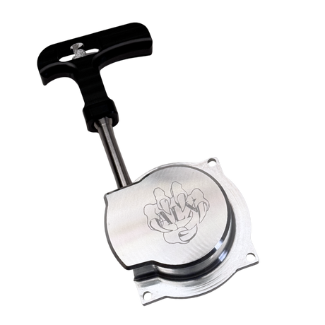 Metallic pull starter with a black handle on a white background