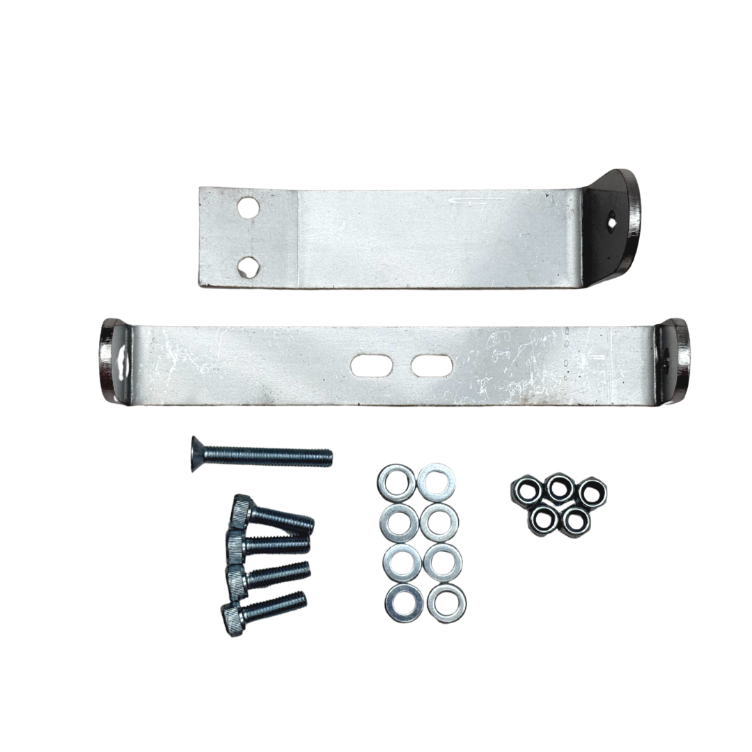 Metal brackets and fasteners on a white background