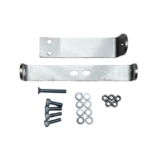 Metal brackets and fasteners on a white background
