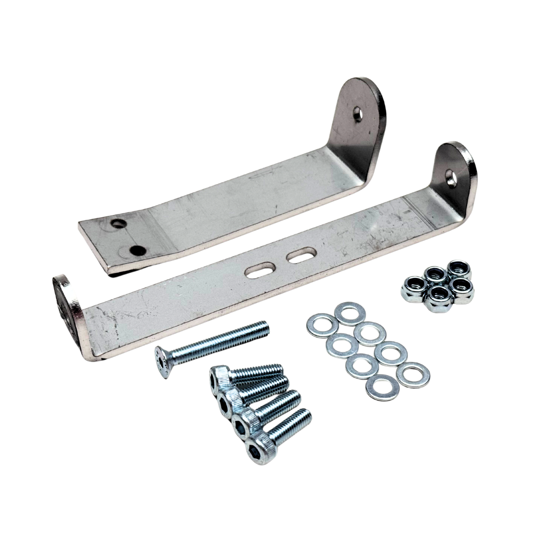 Metal brackets with screws and washers on a white background