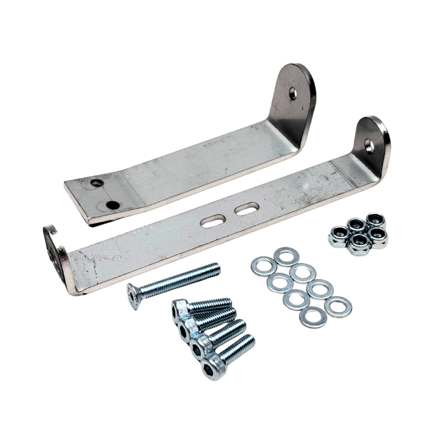 Metal brackets with screws and washers on a white background