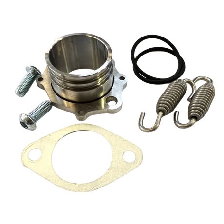 Exhaust parts including a metal component, springs, and a gasket on a white background