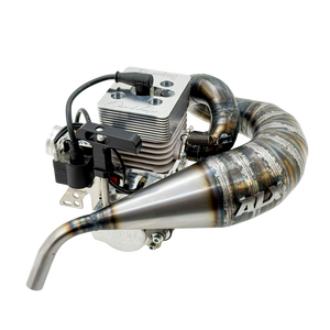 Rear angled view of ALX Super 63 Malossi GSR46 GoPed engine kit with ALX branded exhaust pipe