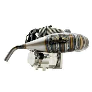 Rear angled view of ALX Super 63 Malossi GSR46 GoPed engine kit with ALX branded exhaust pipe