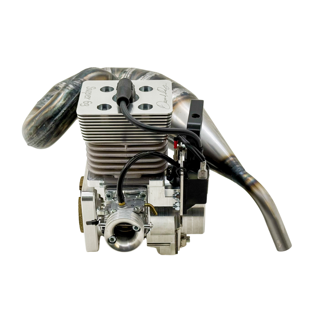 Side view of ALX Super 63 Malossi GSR46 GoPed engine kit showing cylinder head engraving and carburettor