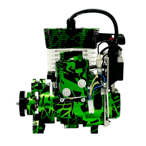 Green and black engine model on a white background