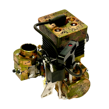 Camouflage-patterned mechanical engine block on a white background