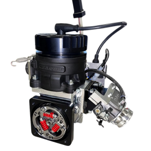 Black throttle body with visible brand name on a black background