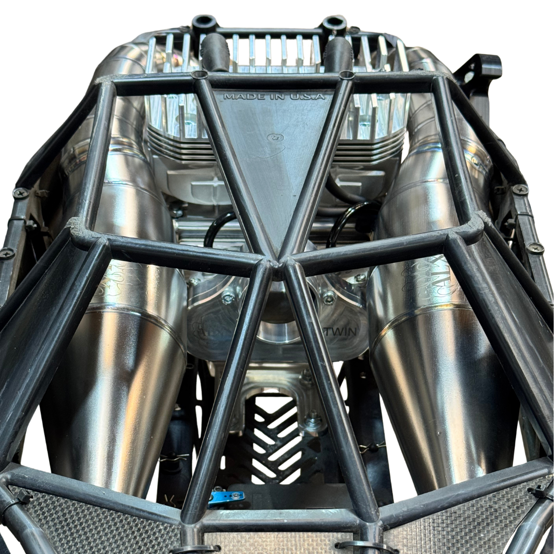 front view of ALX twin titanium pipes running through the Baja cage structure