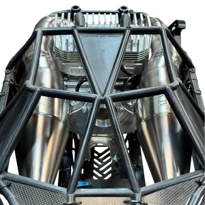 front view of ALX twin titanium pipes running through the Baja cage structure