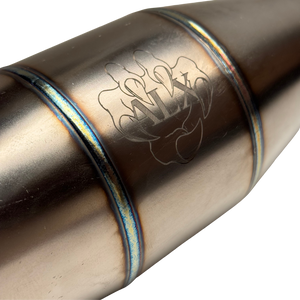 Engraved ALX branding on the titanium finish of the Big Bore V2 pipe