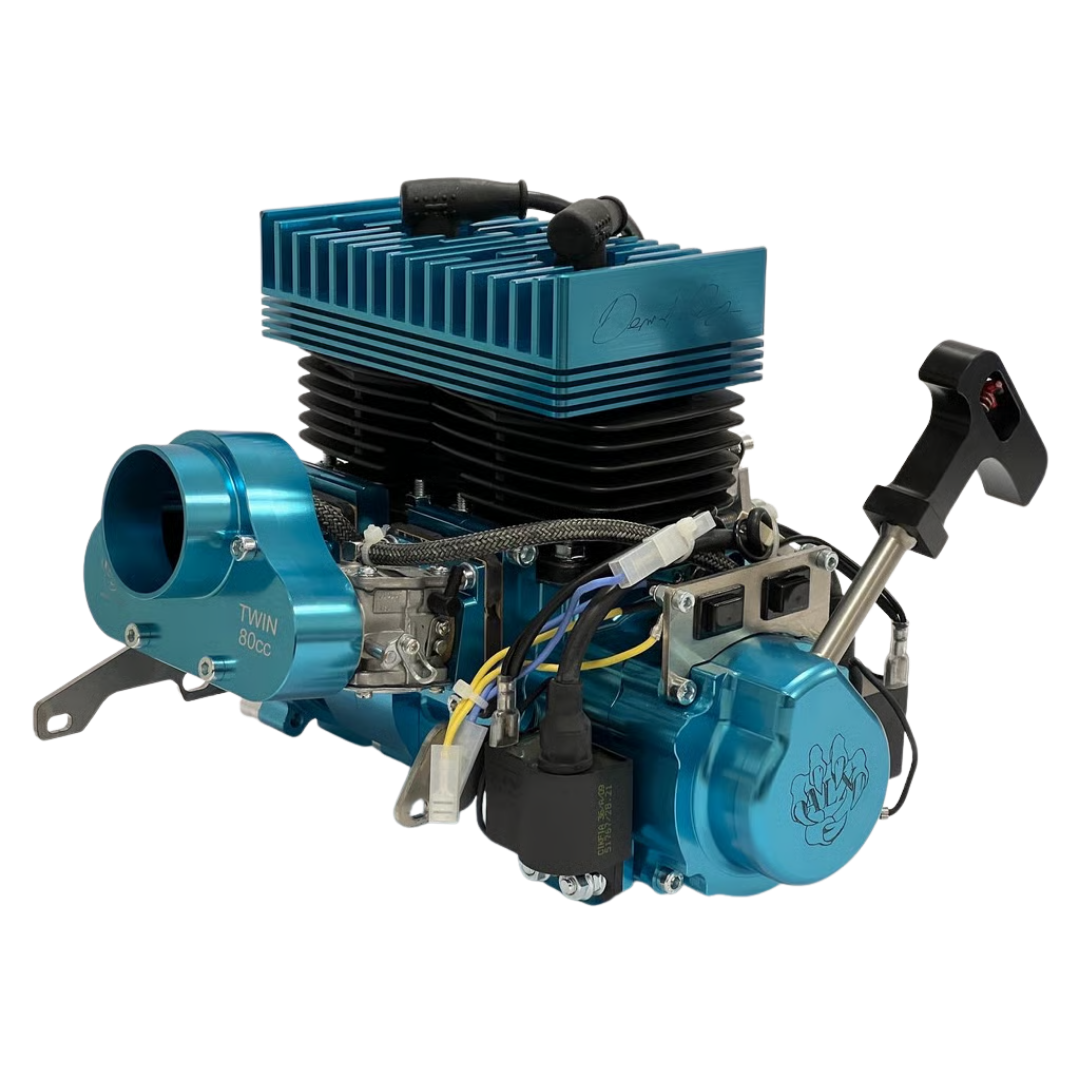 ALX Twin 80cc engine kit in blue anodised finish