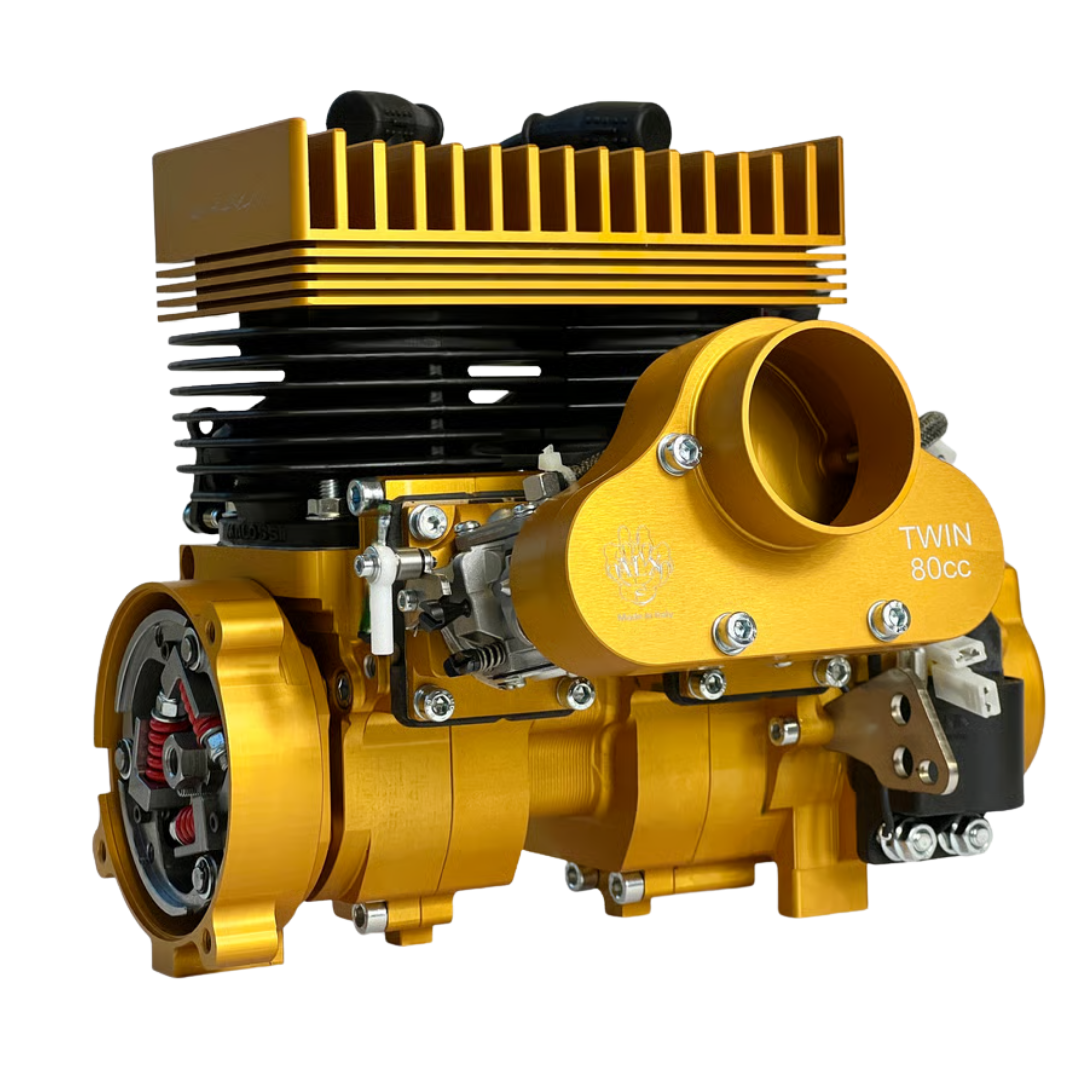 ALX Twin 80cc engine kit in gold anodised finish