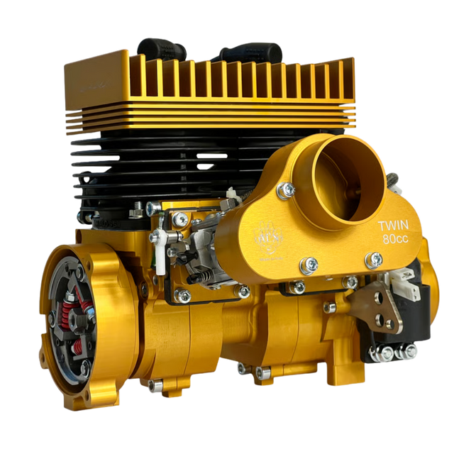 ALX Twin 80cc engine kit in gold anodised finish