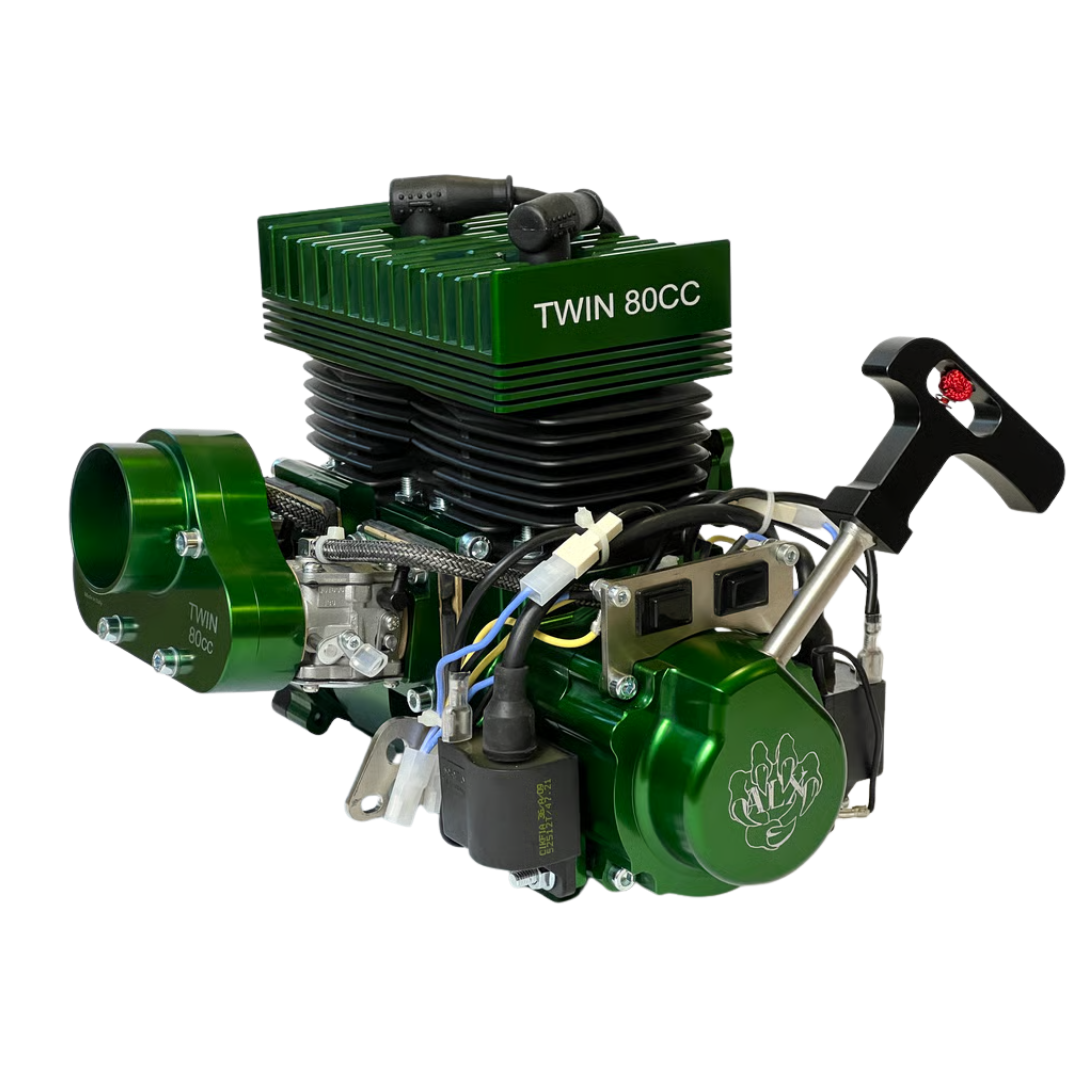 ALX Twin 80cc engine kit in green anodised finish