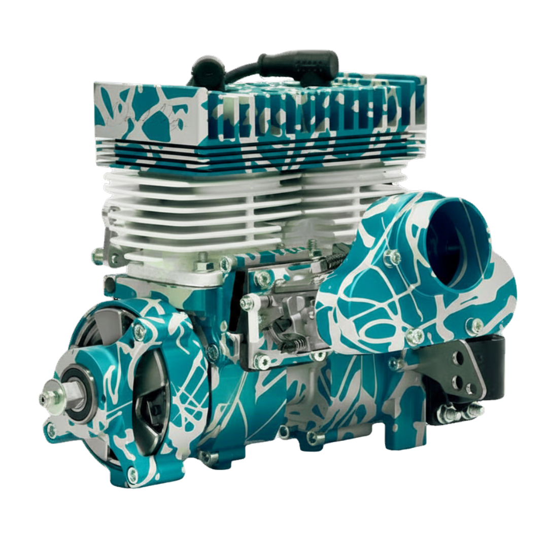 ALX Twin 80cc engine kit in teal and white splash finish, side angle