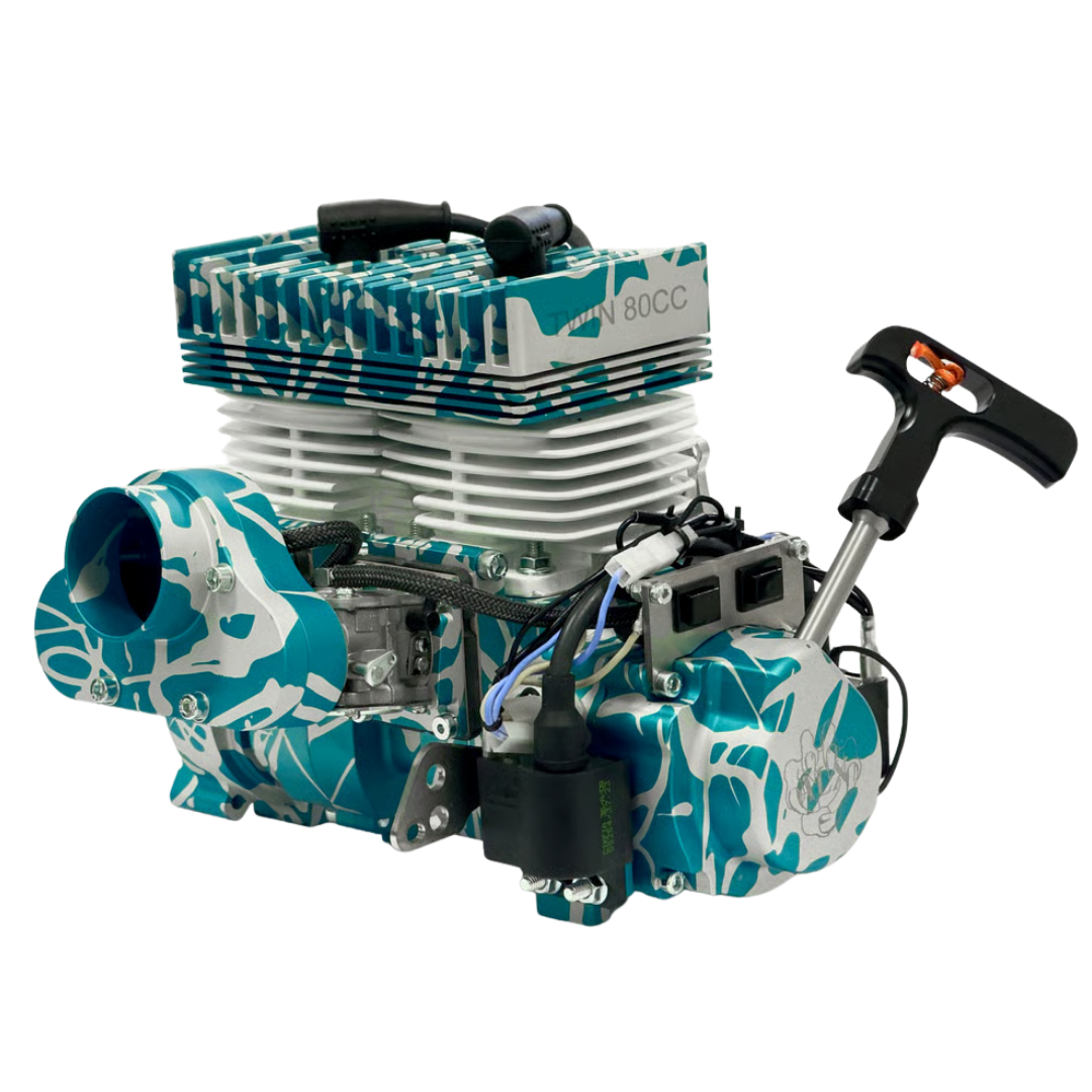 ALX Twin 80cc engine kit in teal and white splash anodised finish