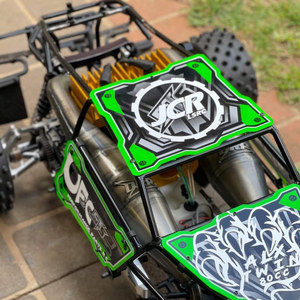 ALX Twin 80cc engine installed in HPI Baja 1/5 scale buggy, top-down view