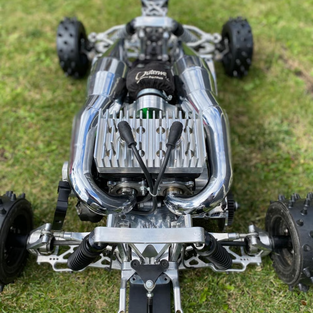ALX Twin 80cc polished engine installed in HPI Baja buggy chassis