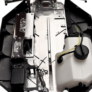 Taylor RC Complete Outlaw V4 Billet Hybrid Slider, close-up top-down view of the billet chassis plate and fuel tank