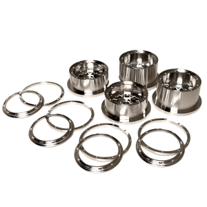 Beast RC Baja 5B complete billet wheel set with 8-piece beadlocks, angled view showing the narrower front wheels with hidden-bolt beadlock rings