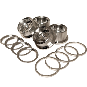 Beast RC Baja 5B complete billet wheel set with 8-piece beadlocks, angled view from an alternate angle showing the wide 5B rear wheels with hidden-bolt beadlock rings