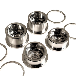 Beast RC Baja 5B complete billet wheel set with 8-piece beadlocks, top-down view showing the wide 5B rear wheels with hidden-bolt beadlock rings