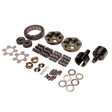 Collection of mechanical parts including gears and bearings on a white background