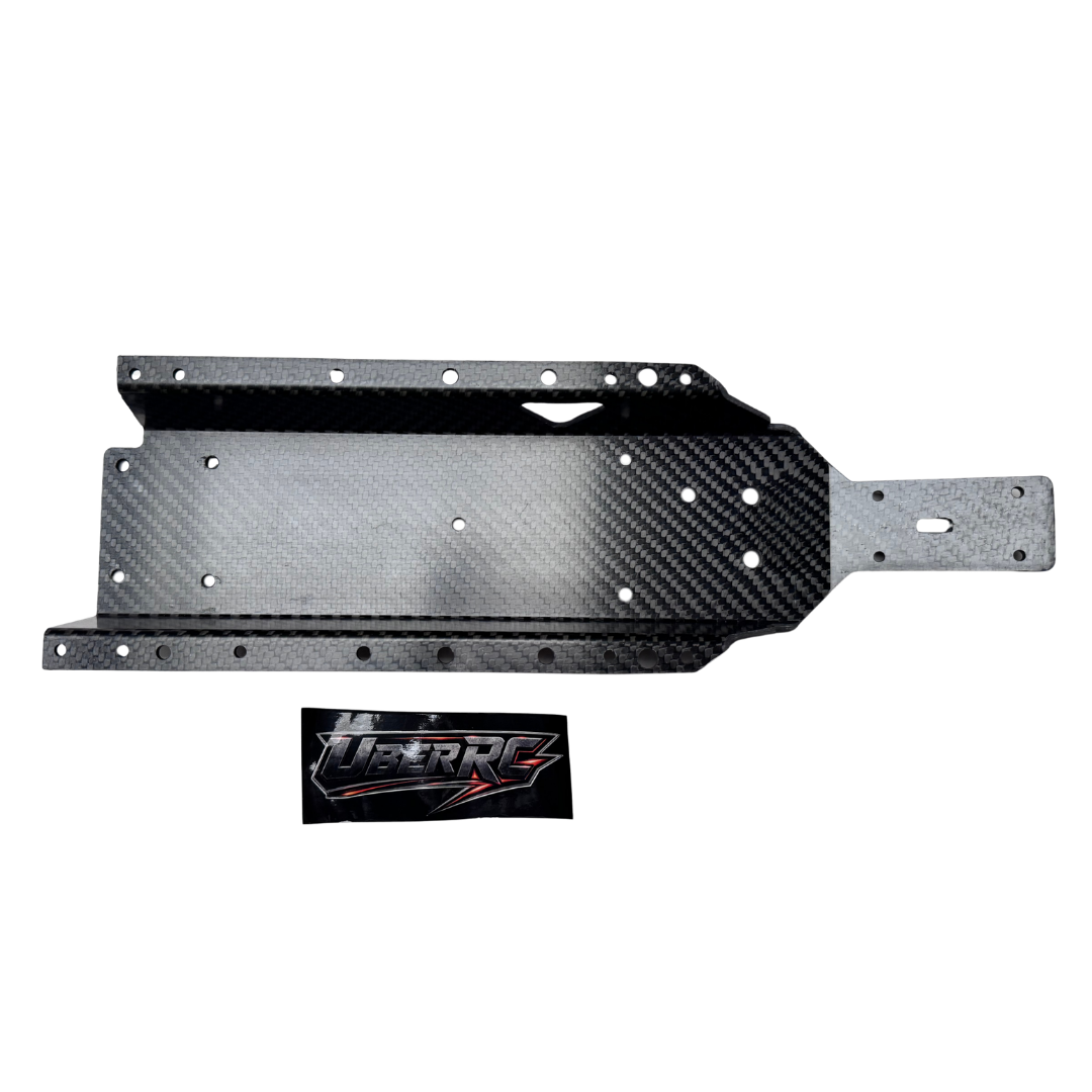Top-down view of Uber RC HPI Baja carbon fibre HD chassis with UberRC logo decal
