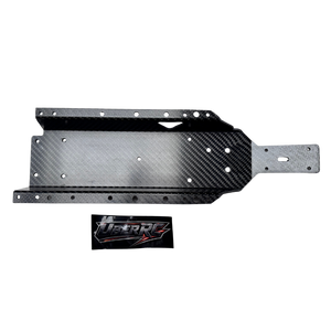 Top-down view of Uber RC HPI Baja carbon fibre HD chassis with UberRC logo decal