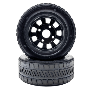 Two black tires with tread patterns on a white background