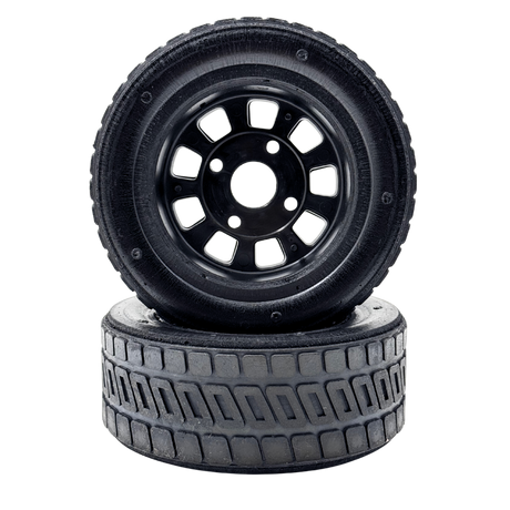 Two black tires with tread patterns on a white background