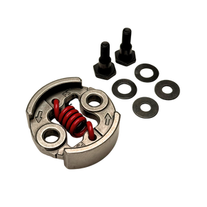 Mechanical component with red spring and black parts on a white background