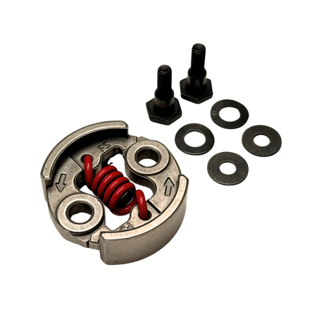 Mechanical component with red spring and black parts on a white background