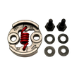 Mechanical component with red spring and black parts on a white background