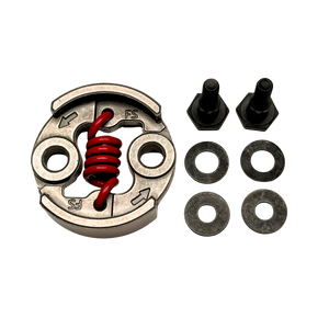 Mechanical component with red spring and black parts on a white background