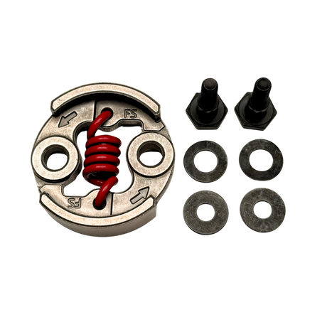 Mechanical component with red spring and black parts on a white background