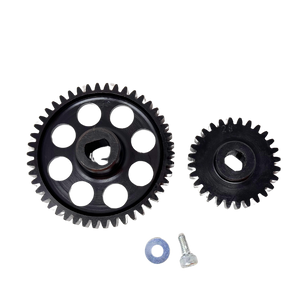 Two black gears with a screw on a white background
