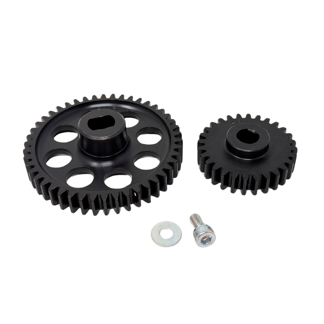 Two black gears with a bolt on a white background