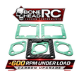 Carbon gaskets with Bone Head RC branding and performance claims on a white background