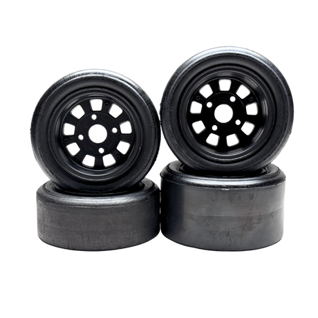 Four black wheels with plastic rim on a white background