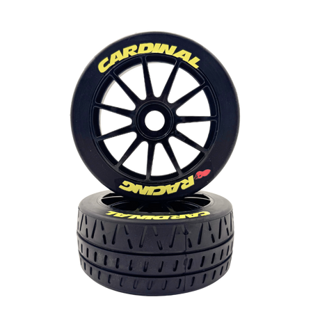 Two black racing tires with 'Cardinal Racing' branding on a white background