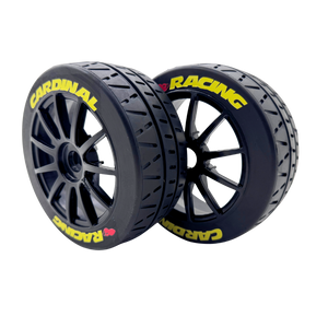 Two black wheels with yellow 'Cardinal Racing' text on a white background