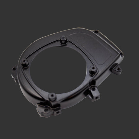 Black mechanical component on a white background