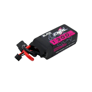 Black and pink battery pack with red connectors on a white background
