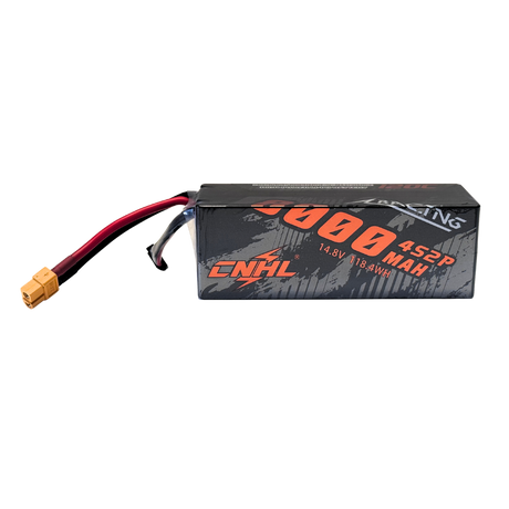 Black battery pack with red and yellow connectors on a white background